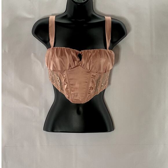 OUT FROM UNDER Women's Pink Satin Lace Hook & Loop Corset Crop Top SZ S - Picture 1 of 8